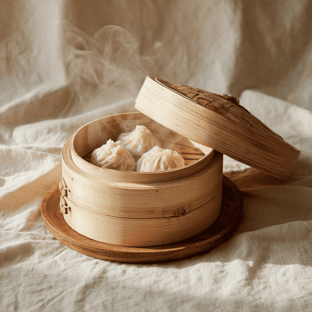 A two-tier Japanese mushiki bamboo steamer with the lid lifted to show steamed dumplings, on a kitchen counter