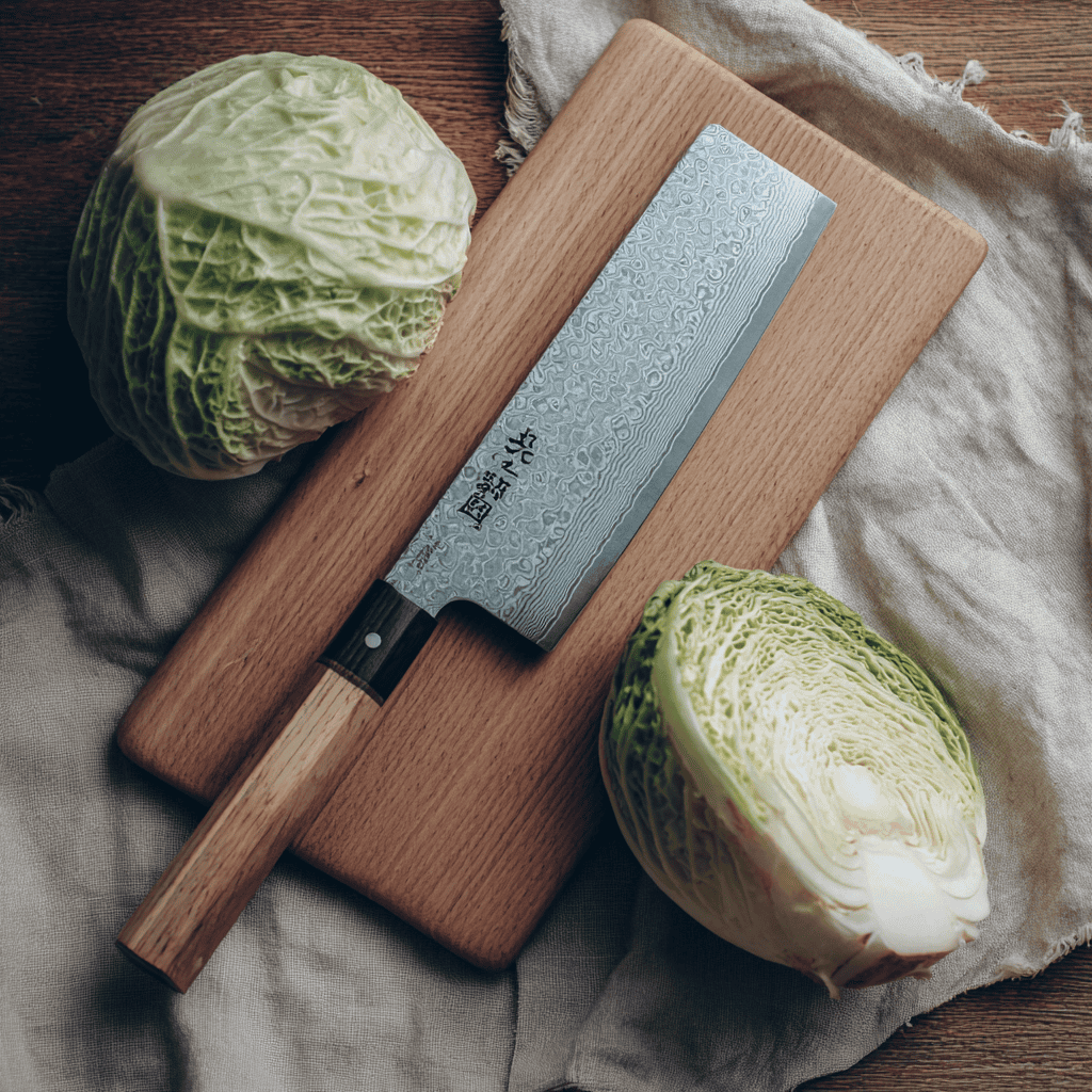 A Japanese nakiri vegetable knife with rectangular flat blade and Damascus pattern, on cream linen beside whole daikon and cabbage