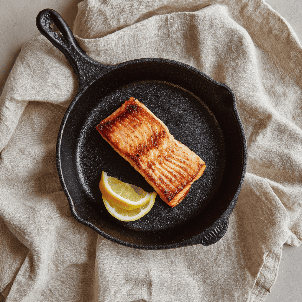 A black cast iron Iwachu Nambu Tekki Japanese skillet on cream linen, beside seared salmon