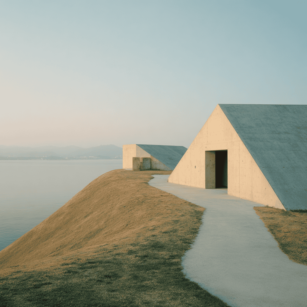Chichu Art Museum exterior on Naoshima — Tadao Ando's underground concrete building, mostly hidden in the hillside with geometric skylight openings cut into the landscape