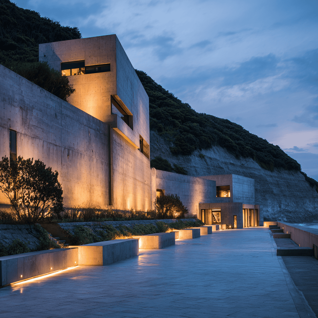 Benesse House on Naoshima art island — Tadao Ando concrete architecture above the coastal bluff overlooking the Seto Inland Sea