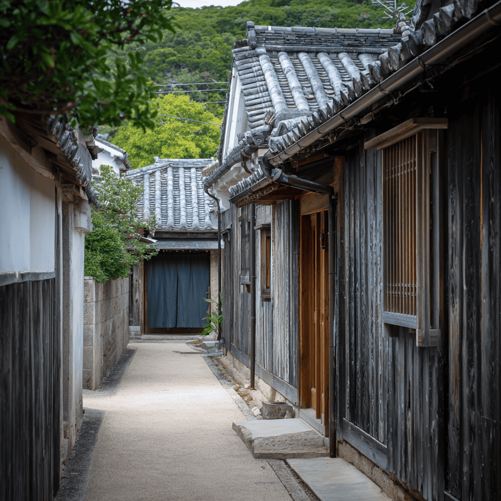 Honmura village on Naoshima — traditional Japanese houses with dark cedar walls along a quiet residential lane that hosts the seven Art House Project installations