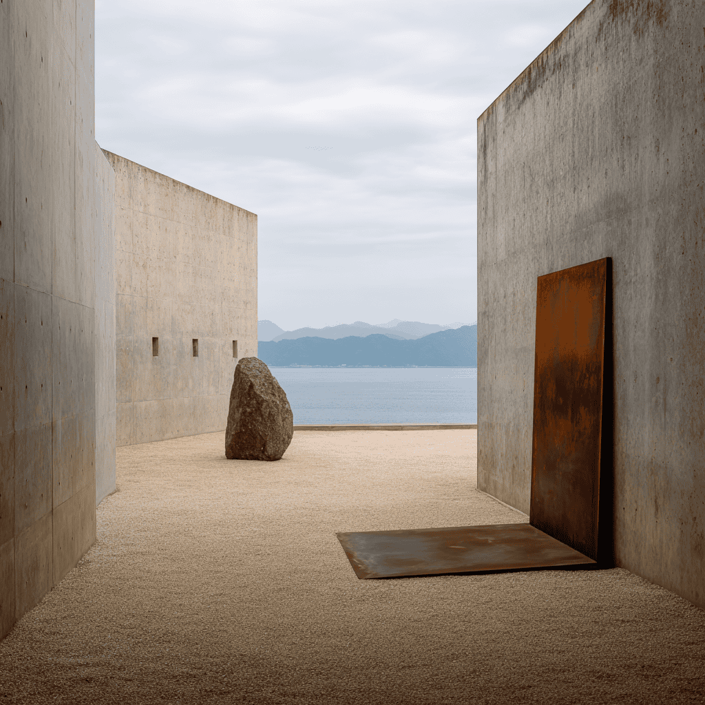 The Lee Ufan Museum on Naoshima — Tadao Ando's concrete courtyard housing the Korean-Japanese minimalist artist's installations of stones, steel plates, and raked gravel