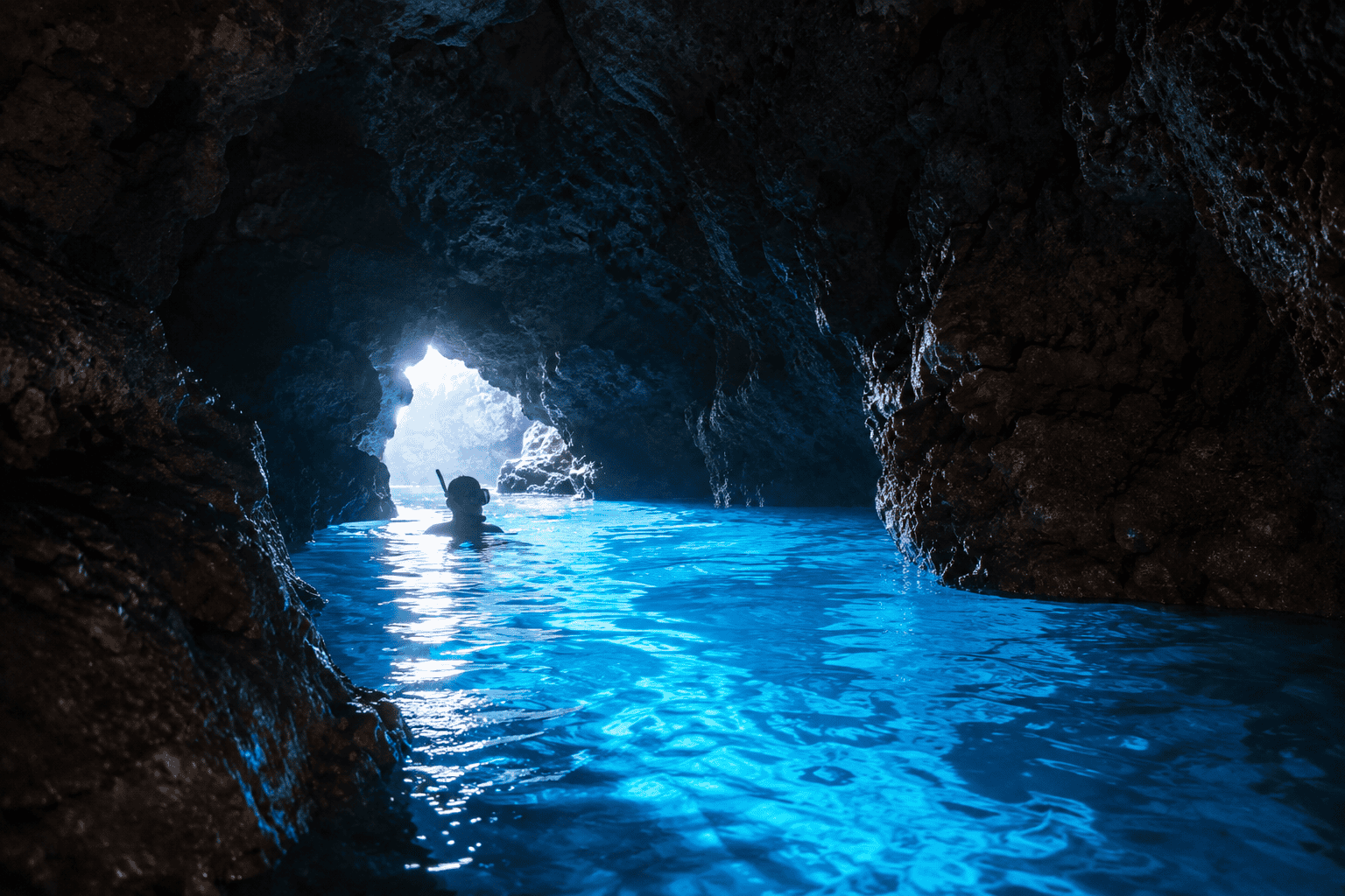 The Blue Cave at Cape Maeda, Okinawa, glowing sapphire blue