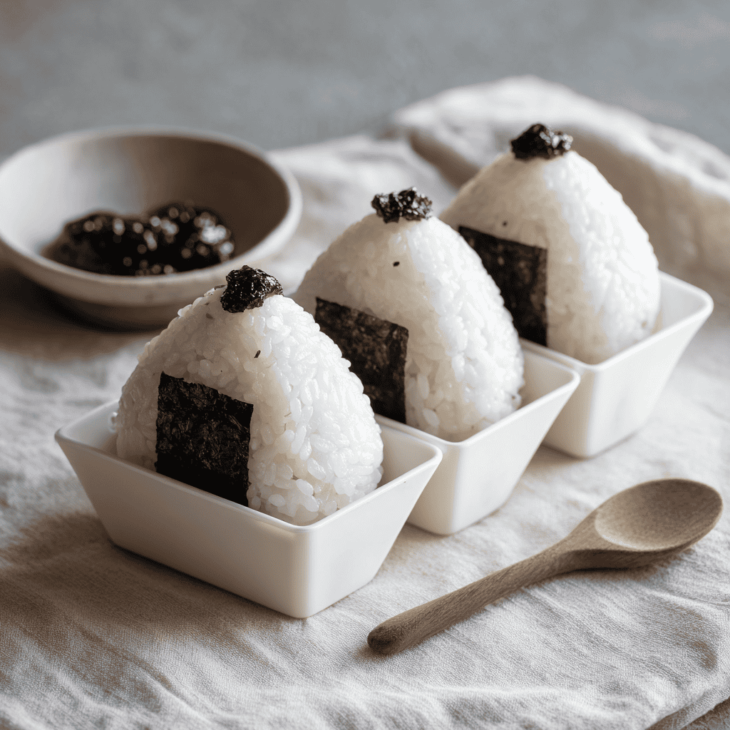 A white plastic Japanese onigiri triangular rice ball mold beside three finished onigiri wrapped in nori strips