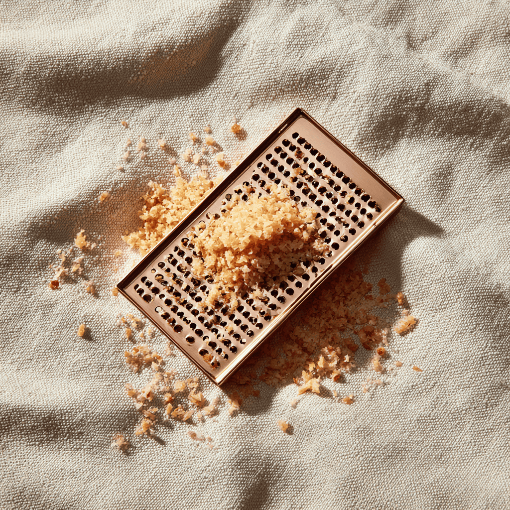 A Japanese hand-punched copper oroshigane grater with finely-shredded ginger pulp on its surface