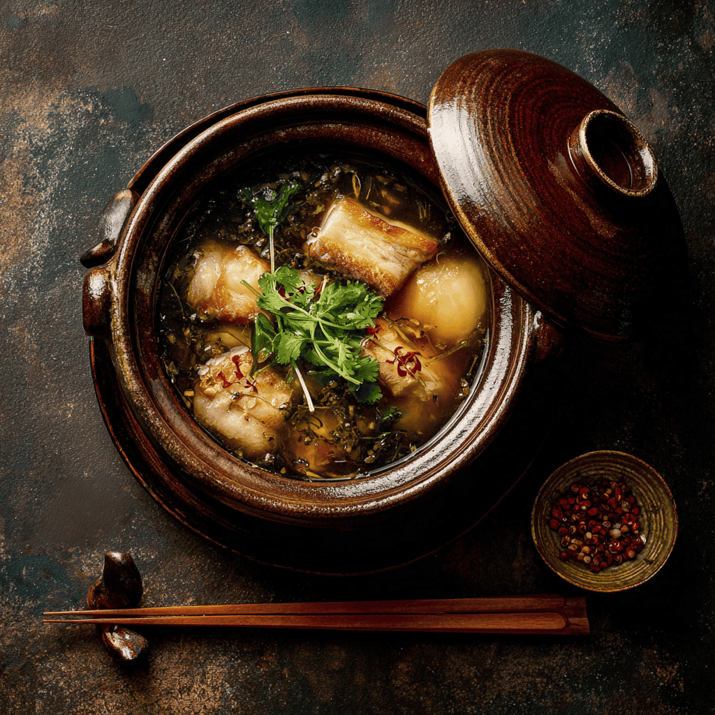 A round Japanese sawara cypress otoshibuta drop lid floating on a simmering pot of stewed daikon and pork