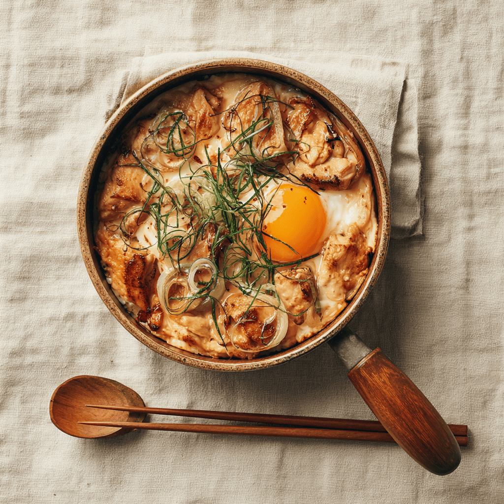 A small round Japanese oyakodon pan with long wooden handle and shallow walls, holding chicken and egg over rice