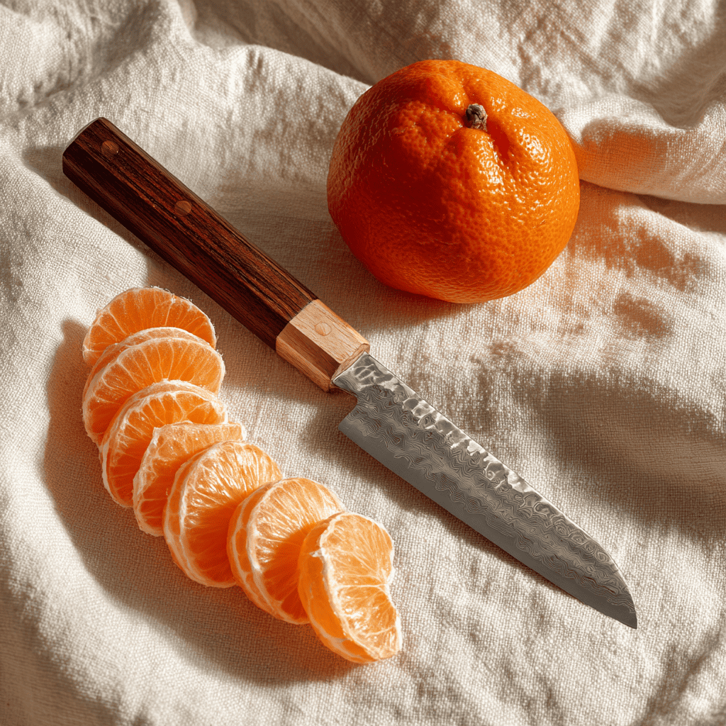 A small six-inch Japanese petty utility knife with hammered Damascus blade and rosewood handle, beside trimmed citrus segments