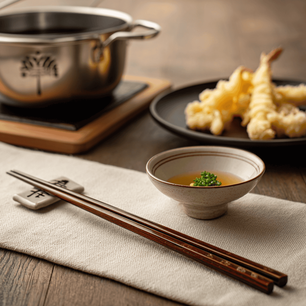 Long Japanese saibashi bamboo cooking chopsticks resting on a small ceramic chopstick rest beside a tempura pot