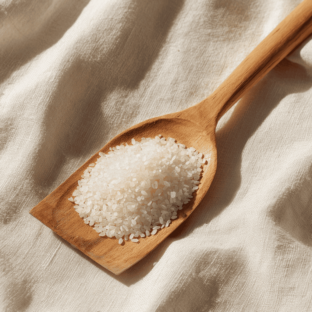 A flat wooden Japanese shamoji rice paddle resting on the rim of a hangiri tub holding cooked white rice