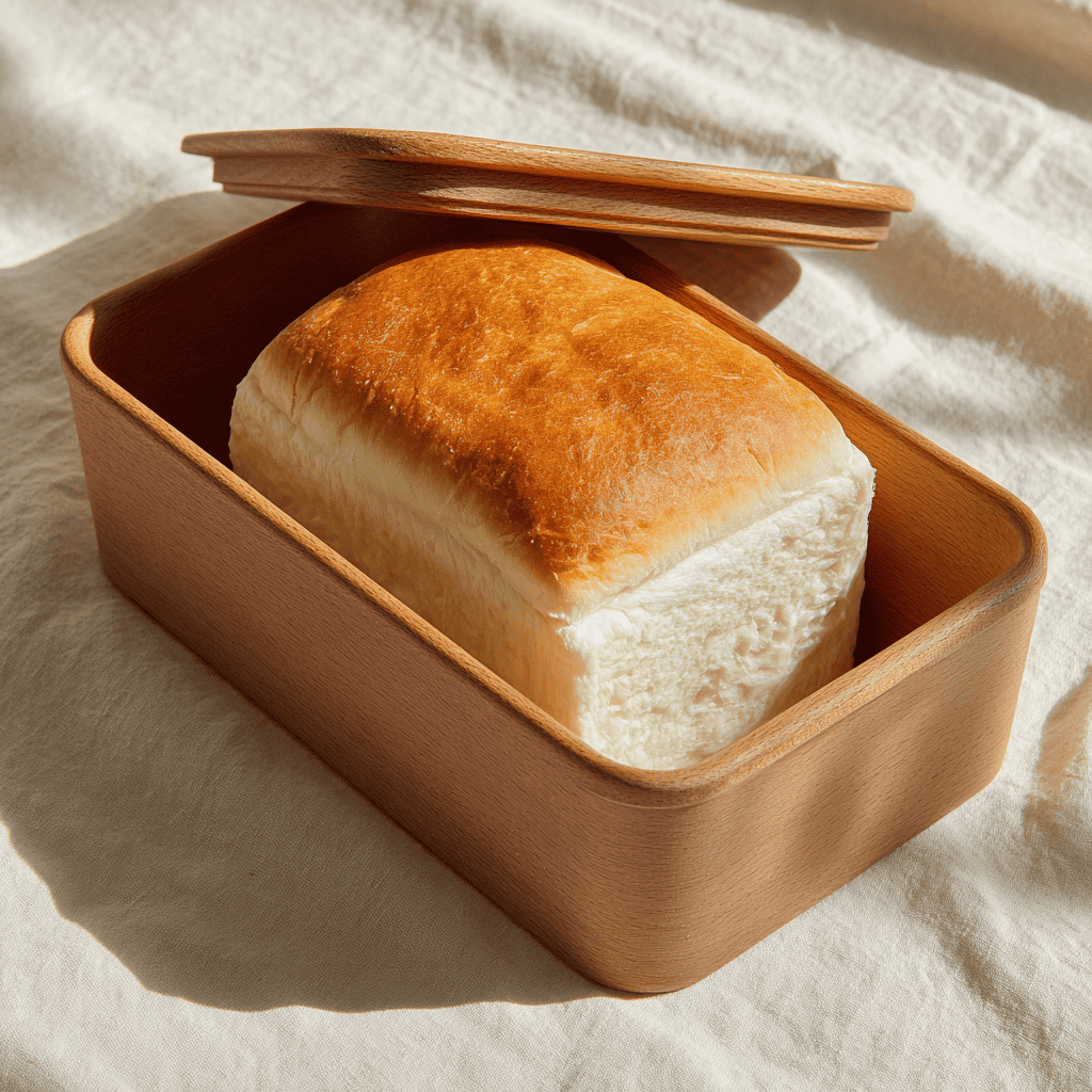 A rectangular Japanese pullman shokupan loaf pan with sliding lid, holding a perfectly square white milk bread loaf
