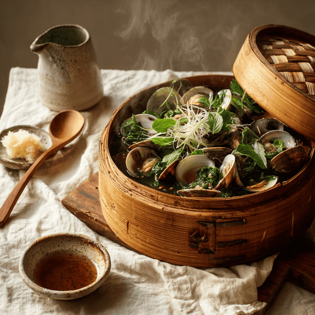 A bamboo mushiki steamer basket holding open Japanese clams in a sake-ginger broth with mitsuba leaves and crumbled toasted nori on top