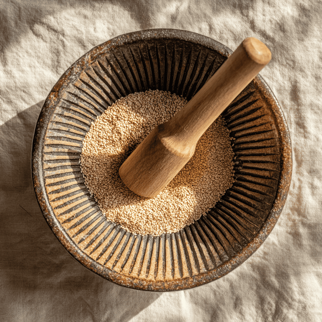 A ceramic Japanese suribachi mortar with ridged kushime interior pattern, beside a wooden surikogi pestle and toasted sesame seeds