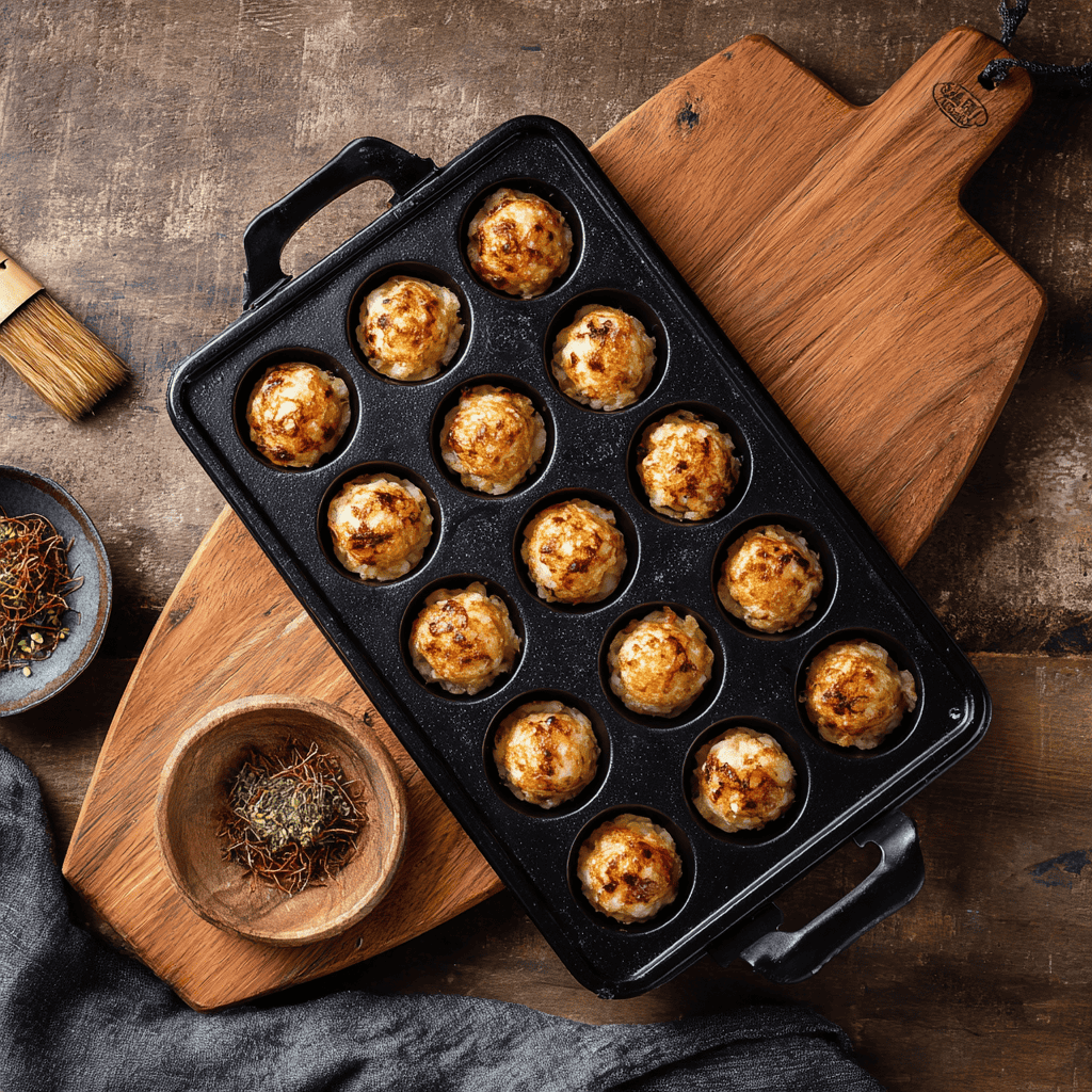 A black cast iron Japanese takoyaki pan with eighteen hemispherical wells holding golden-brown octopus balls, with bamboo skewers beside