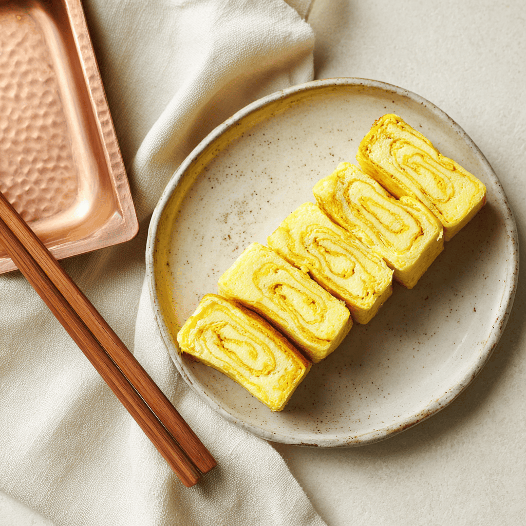A sliced Japanese tamagoyaki rolled omelet showing four golden layers on a small ceramic plate beside the rectangular copper pan