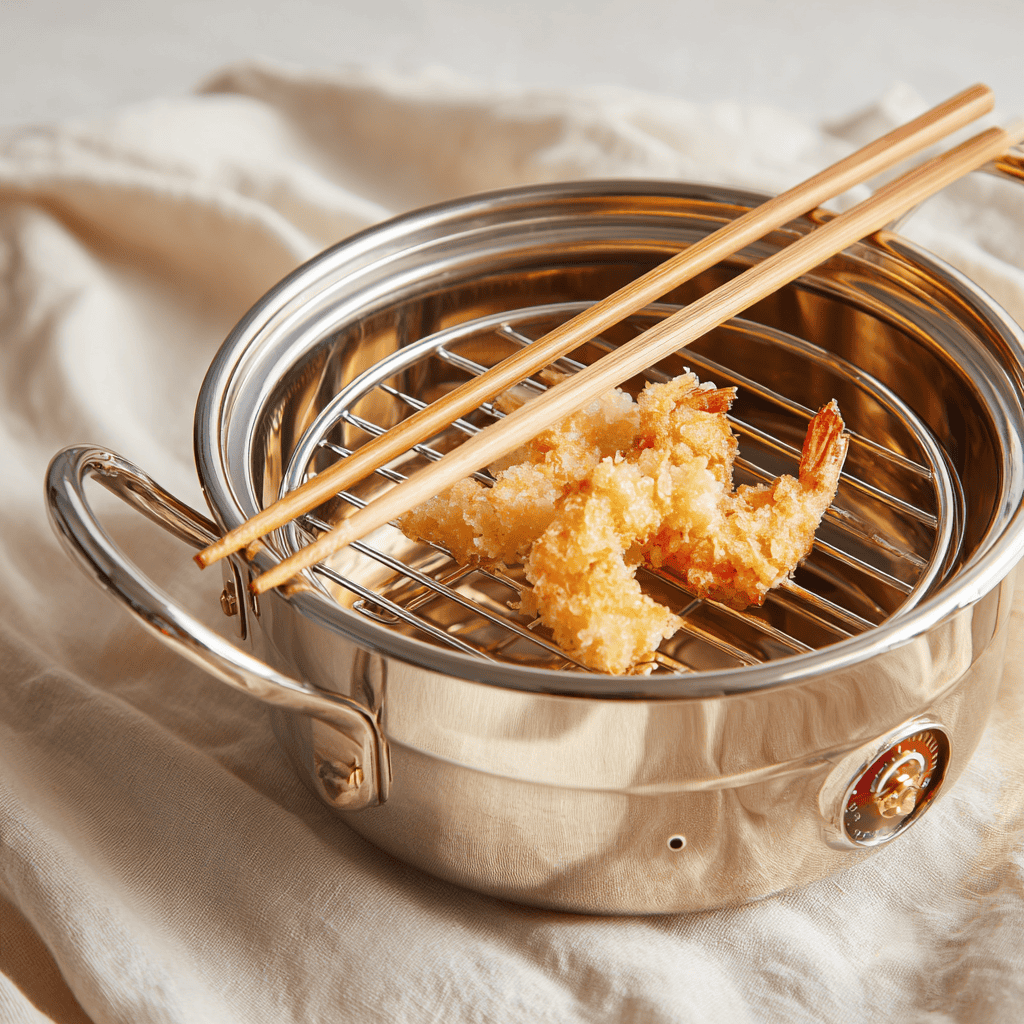 A polished stainless steel Japanese tempura nabe deep-fryer pot with built-in temperature gauge and oil drip rack, holding golden tempura on chopsticks