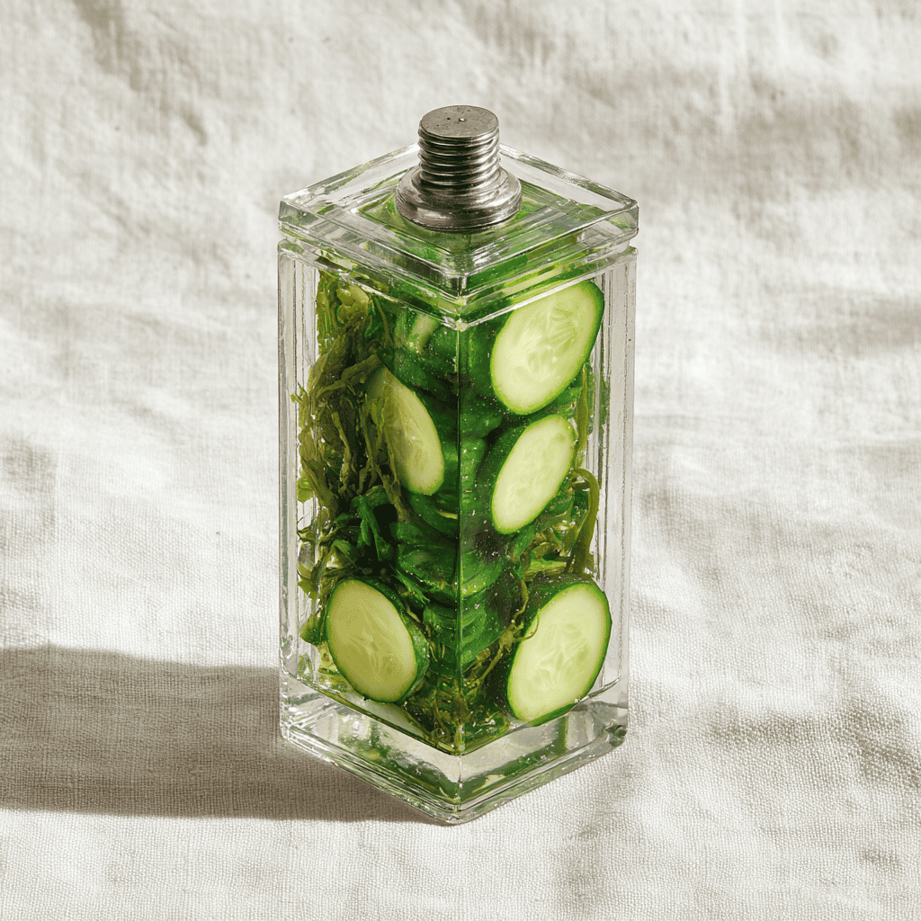 A clear acrylic Japanese tsukemono pickle press containing salted cucumber slices with the screw mechanism visible