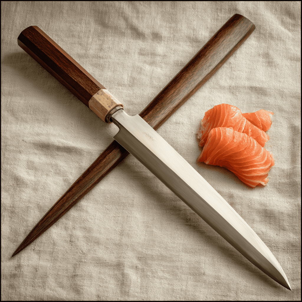 A long single-bevel Japanese yanagiba sashimi knife with magnolia wooden saya sheath laid alongside, on cream linen