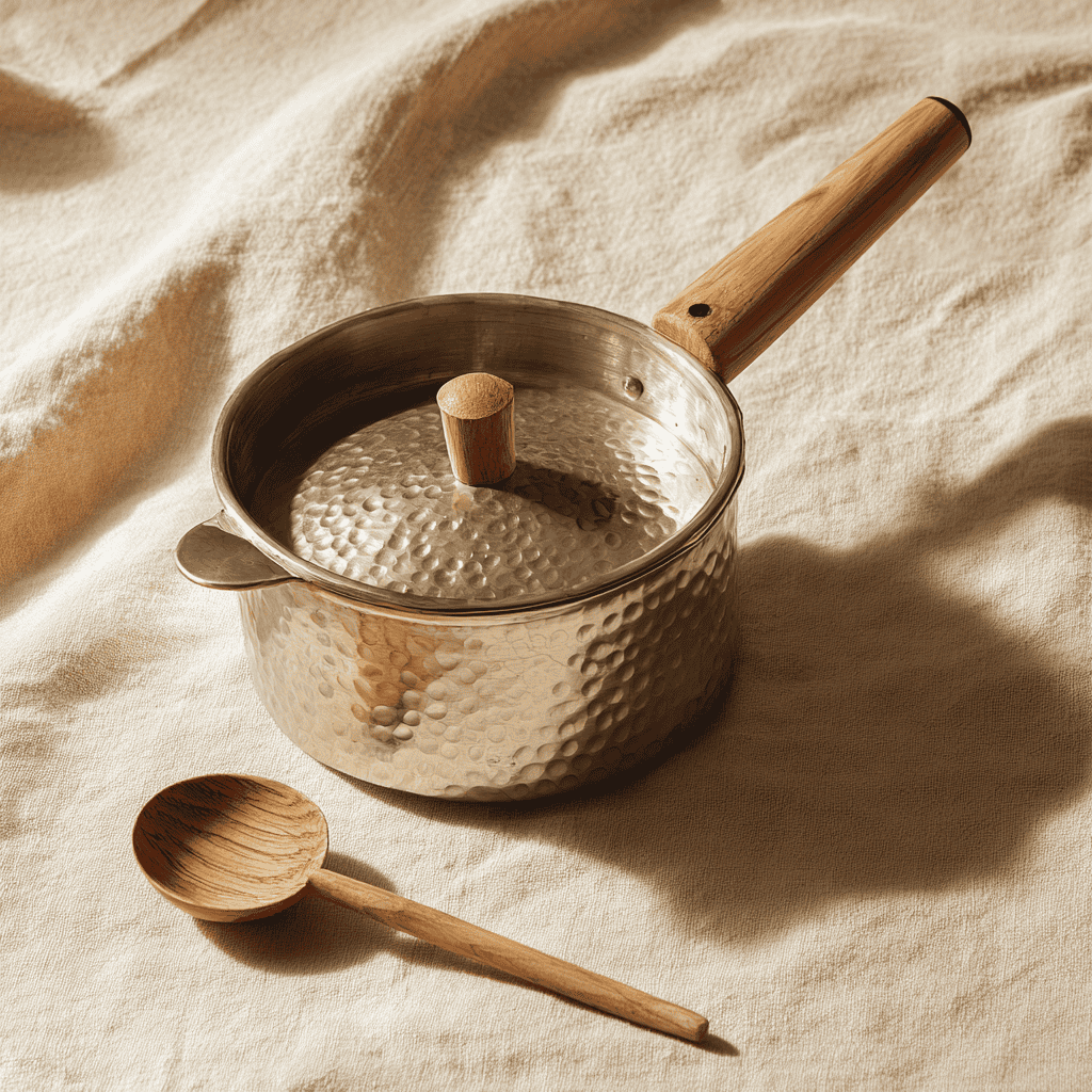 A hammered aluminum Japanese yukihira nabe saucepan with wooden handle and dual pour spouts on cream linen