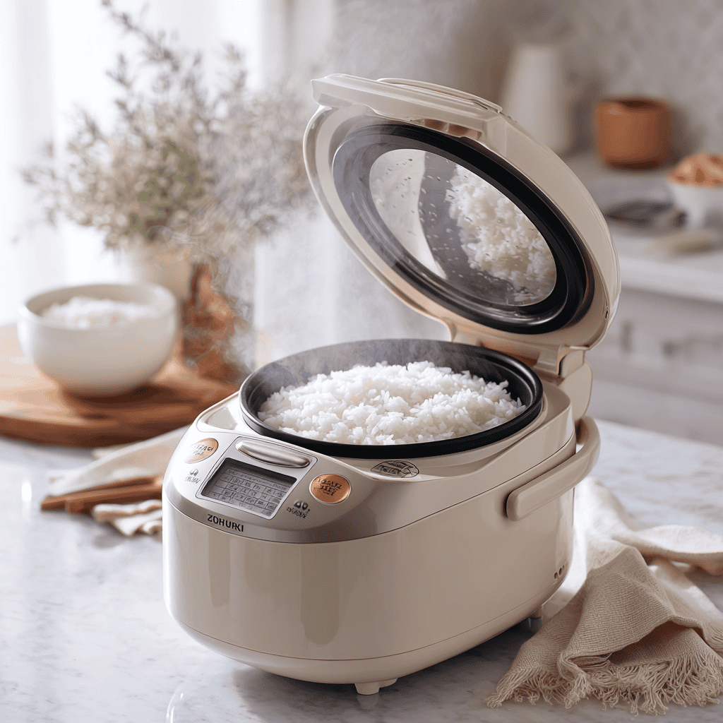 A Japanese Zojirushi electric rice cooker on a kitchen counter with the lid open showing freshly cooked white rice