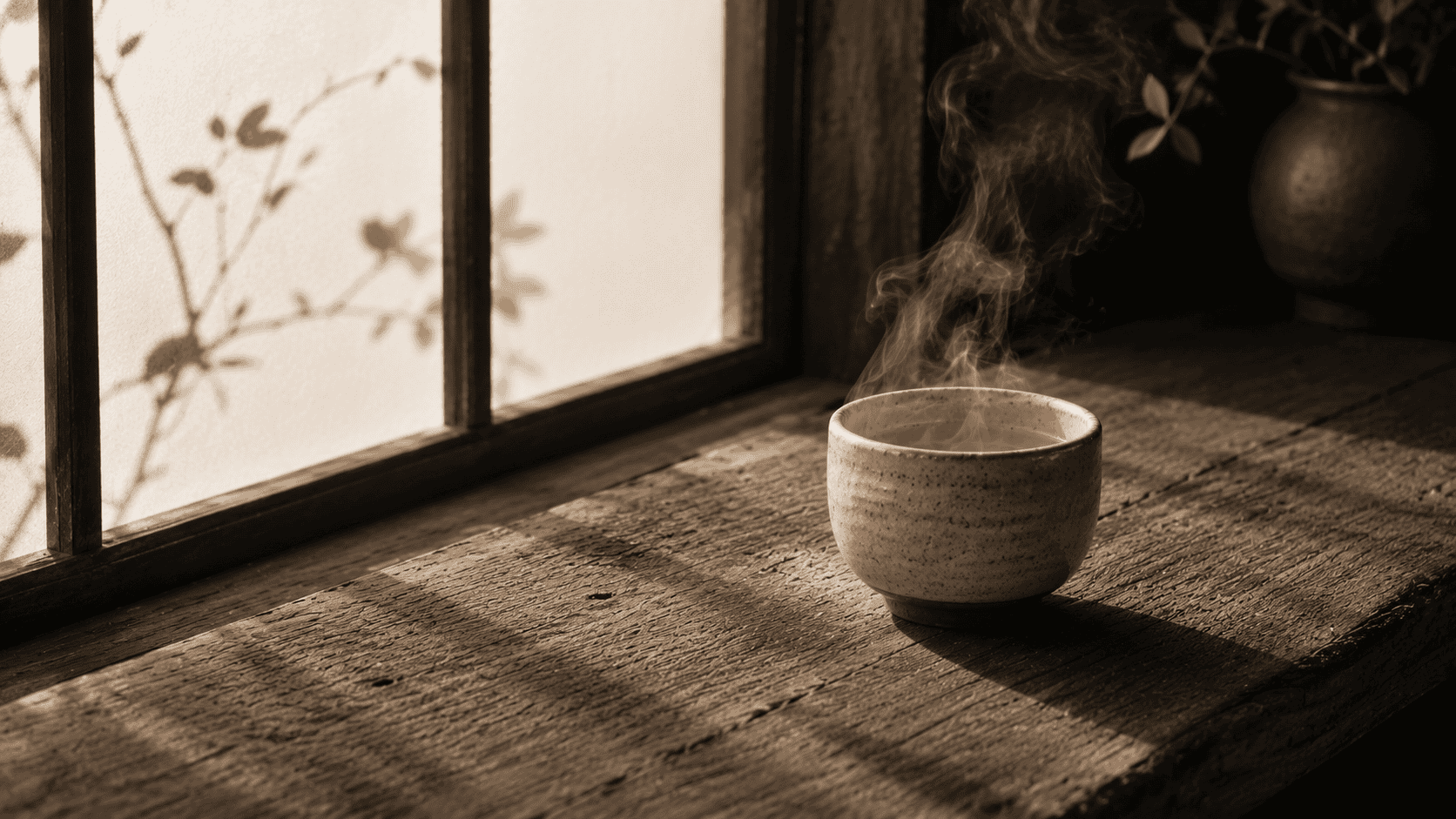 A steaming cup of tea on a wooden surface in morning sunlight, a calm end to exam week