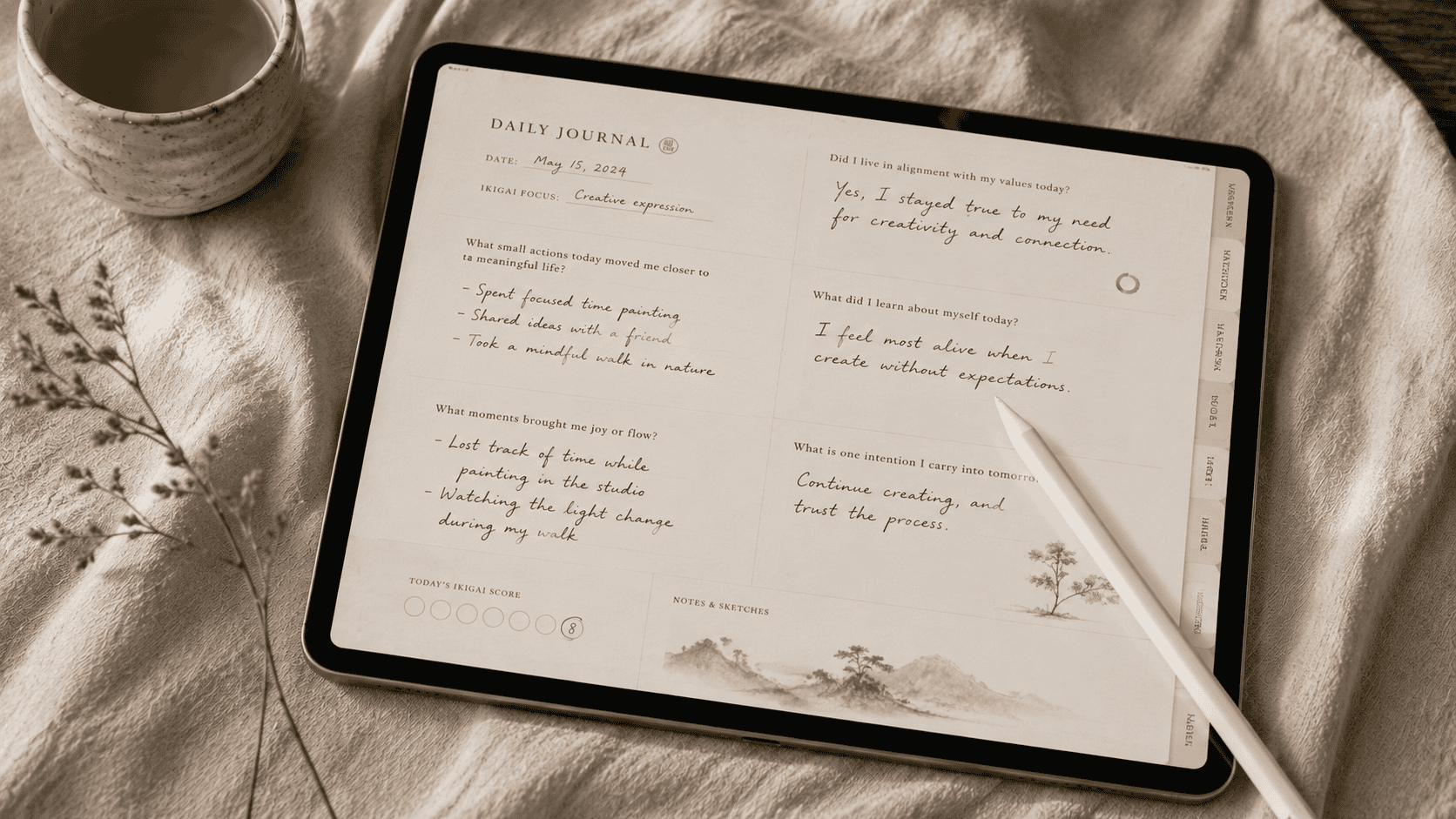 How to practice kanji on iPad: a tablet with a stylus and a cup of tea on a writing desk
