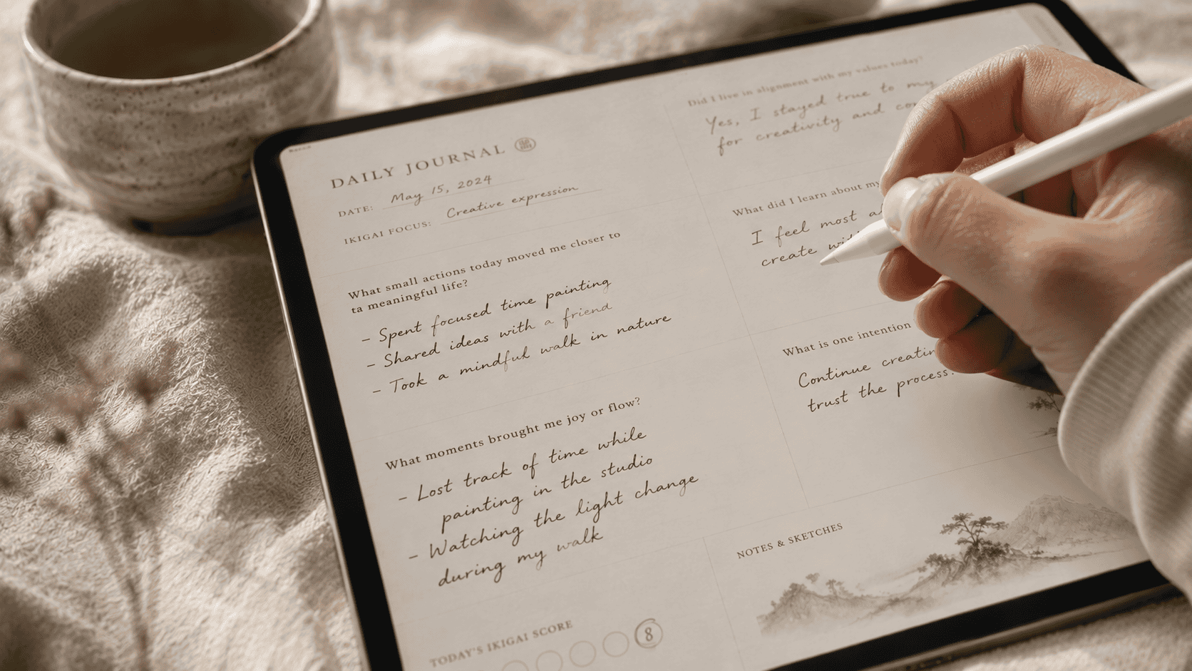 A learner writing with a stylus, showing how to practice kanji on iPad in a short session