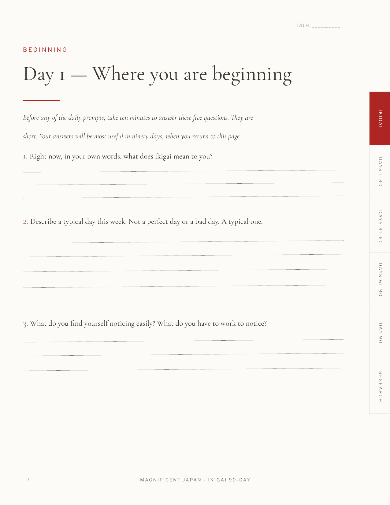 Ikigai journal Day One assessment page, showing the opening self-assessment prompts