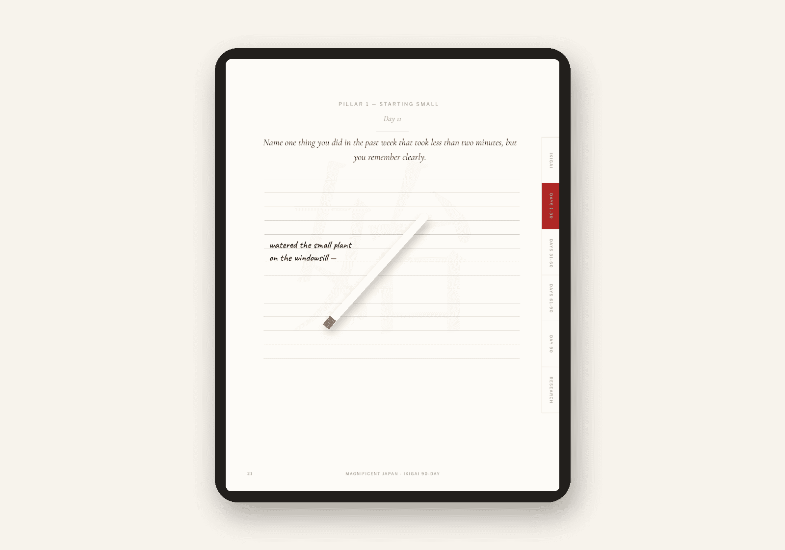 A stylus writing ikigai reflections on a tablet journal page