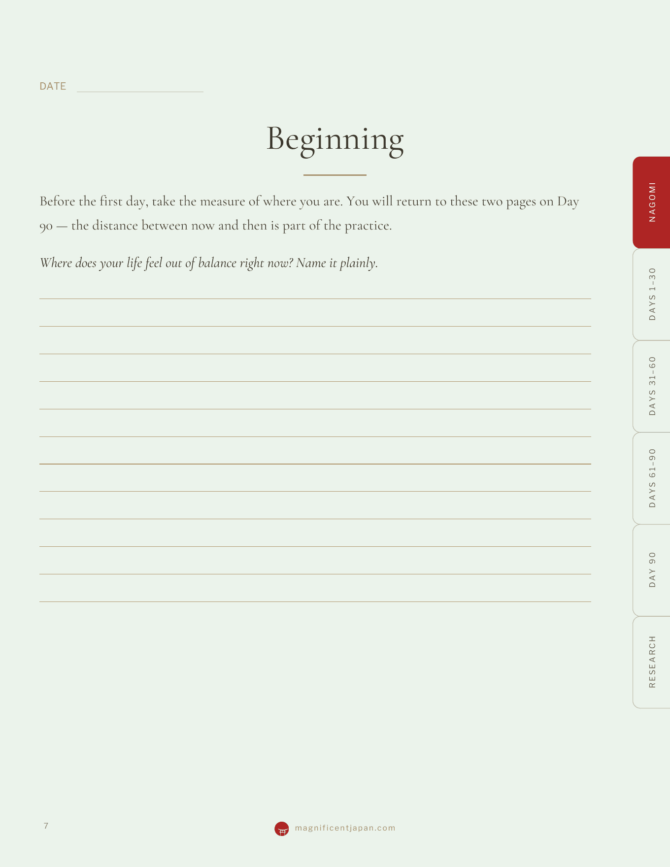 Nagomi journal Beginning page, showing the opening self-assessment prompt