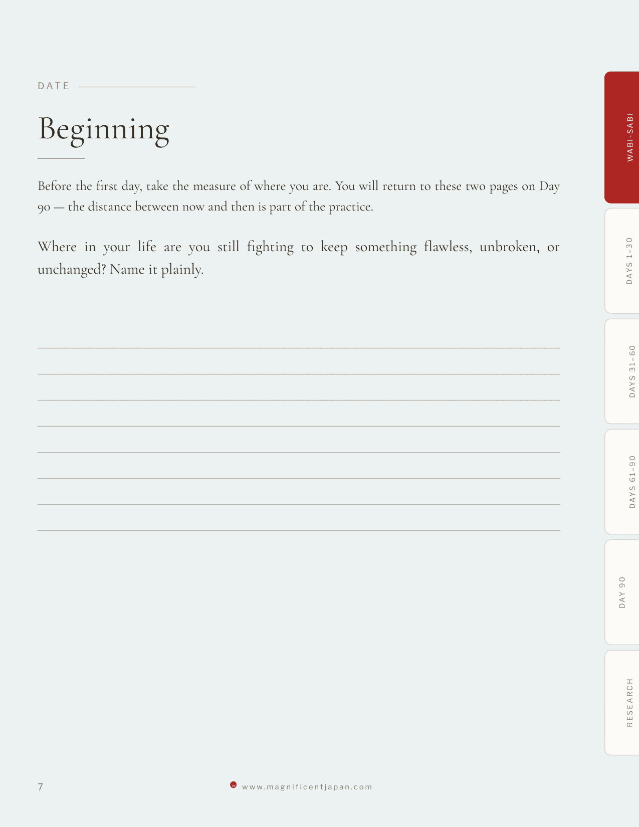 Wabi-sabi journal Beginning page, showing the opening self-assessment prompt