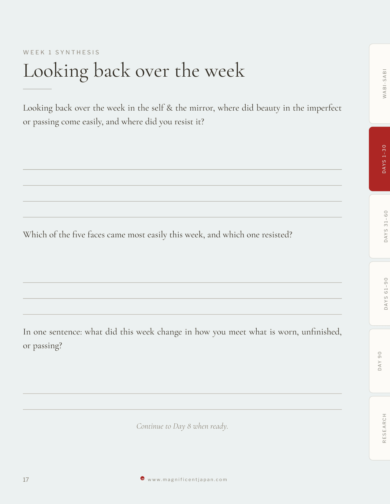 Wabi-sabi journal weekly synthesis page, looking back across the week