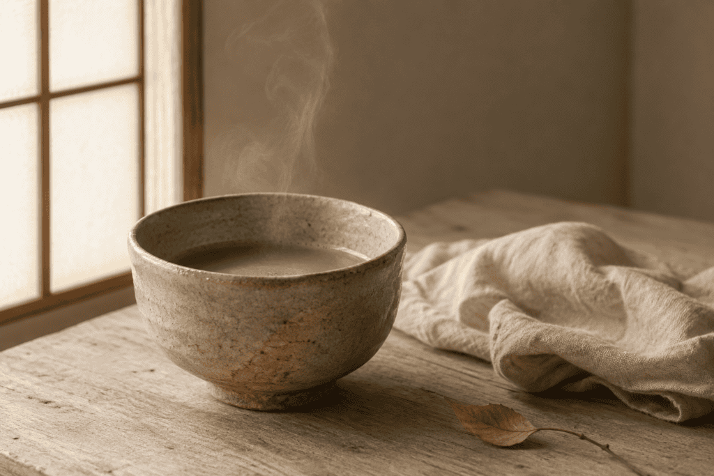 A rustic ceramic tea bowl of steaming matcha on a wooden table