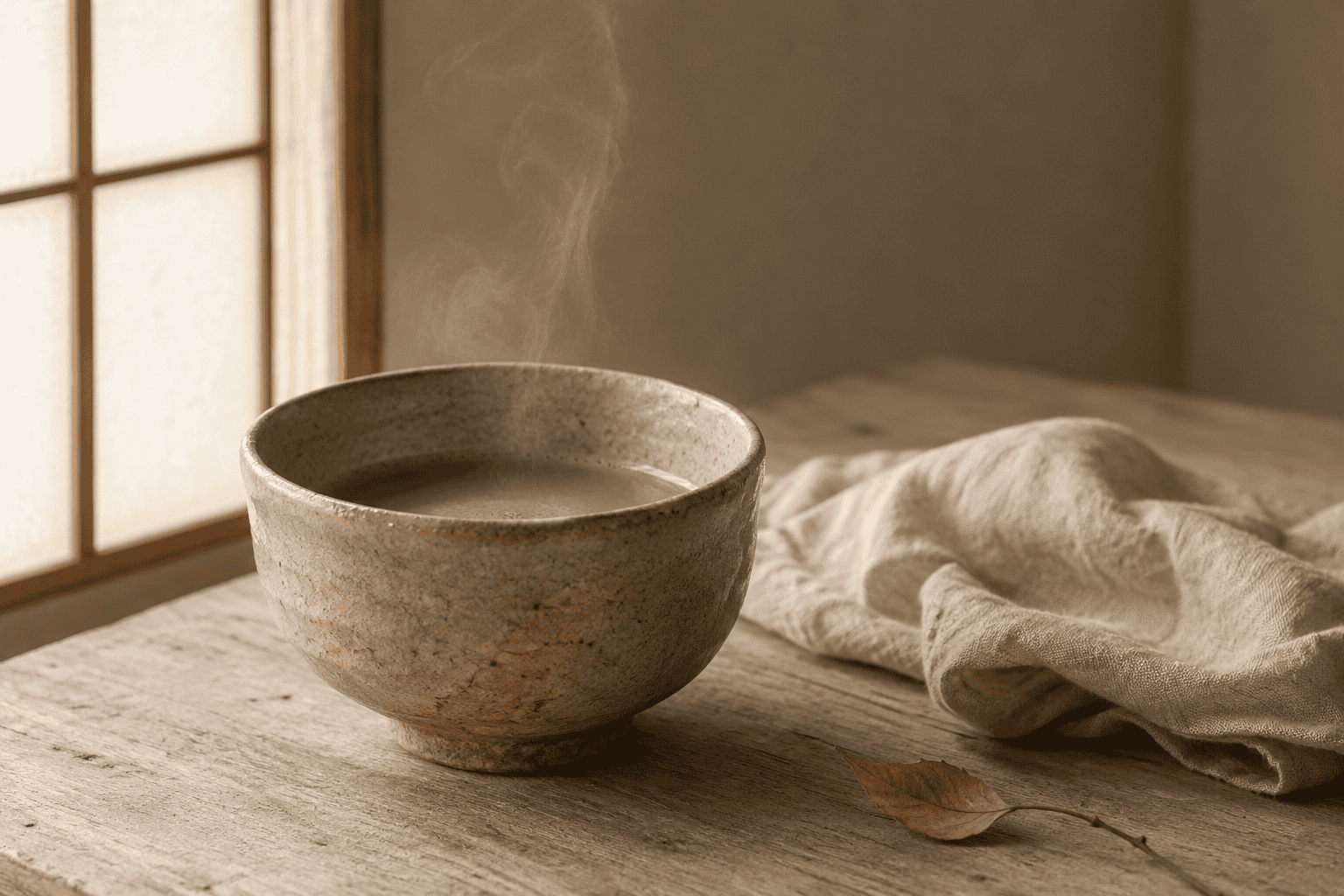 A handmade Japanese tea bowl in soft morning light