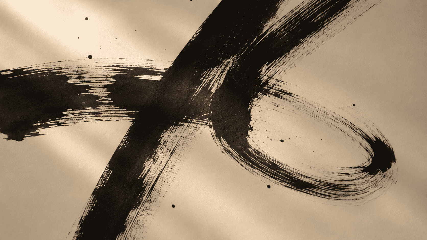 An abstract gestural sumi ink composition on large cream paper, bold sweeping strokes with dry-brush texture, no legible characters