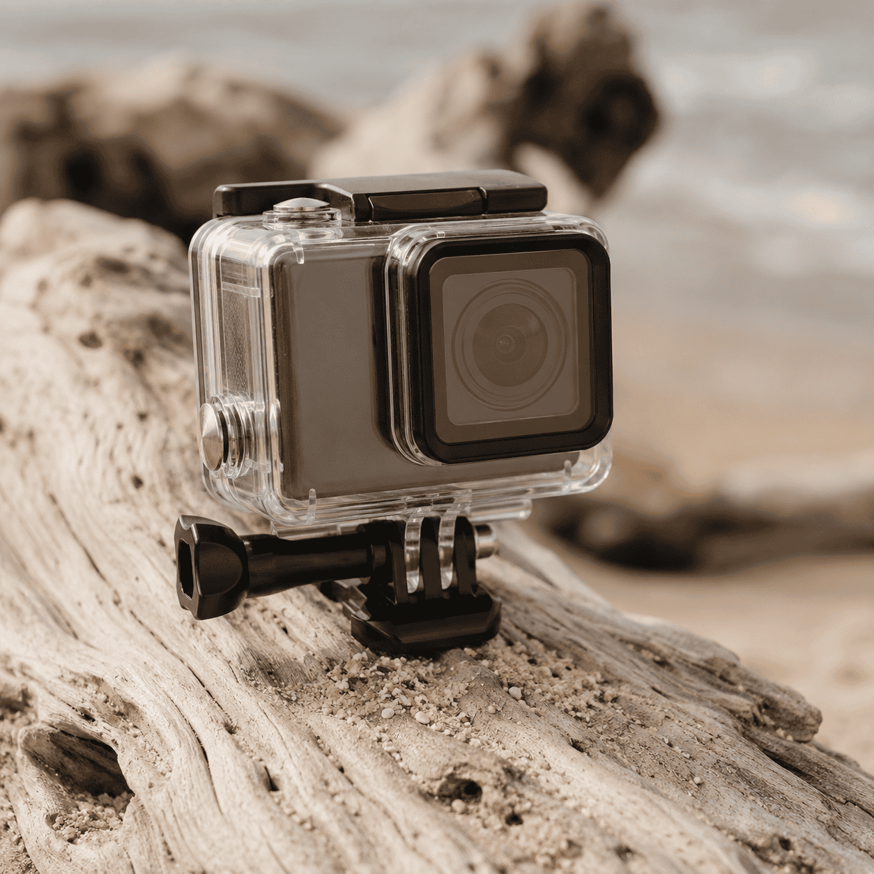 A small action camera inside a clear underwater dive housing resting on pale driftwood