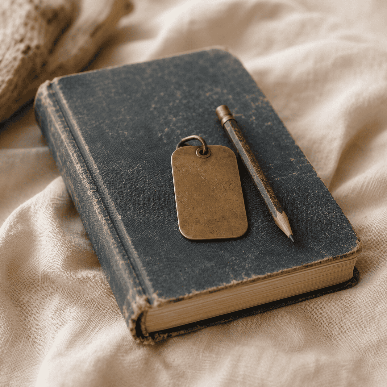 A weathered dive log book lying closed on cream linen with a brass dive tag on top