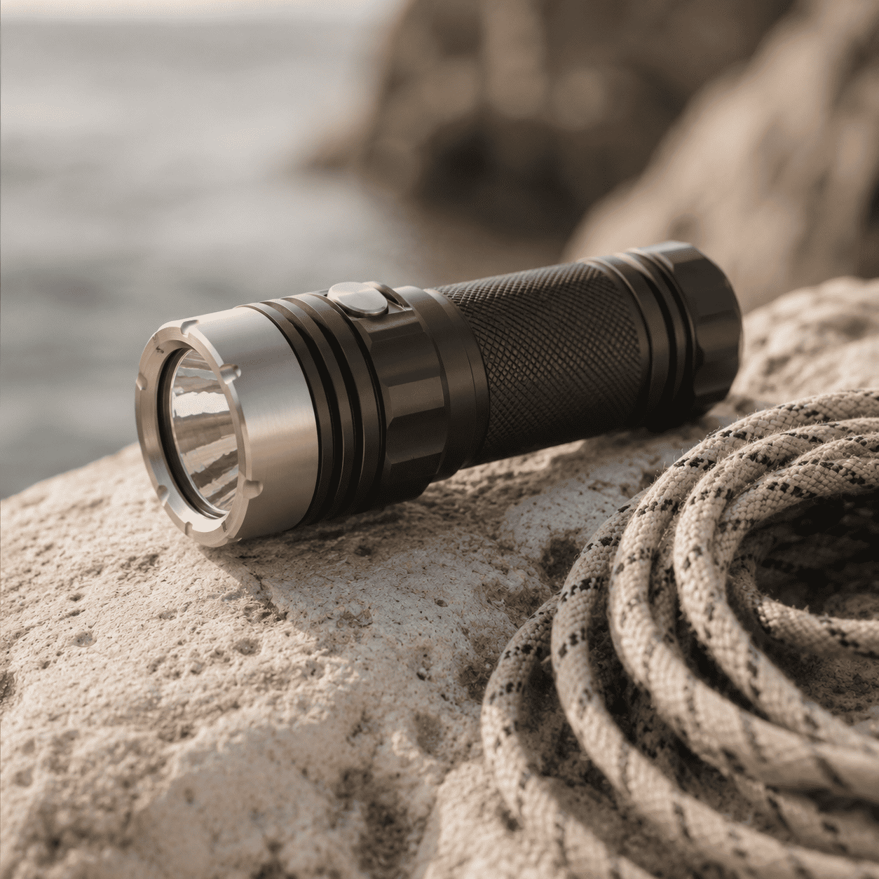 A compact underwater dive torch resting on a pale stone surface beside a coil of dive line