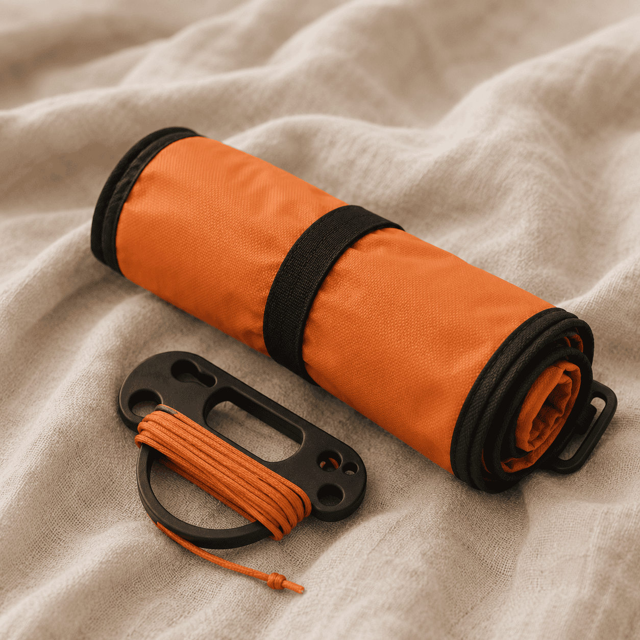 A rolled orange surface marker buoy with a finger spool resting on cream linen
