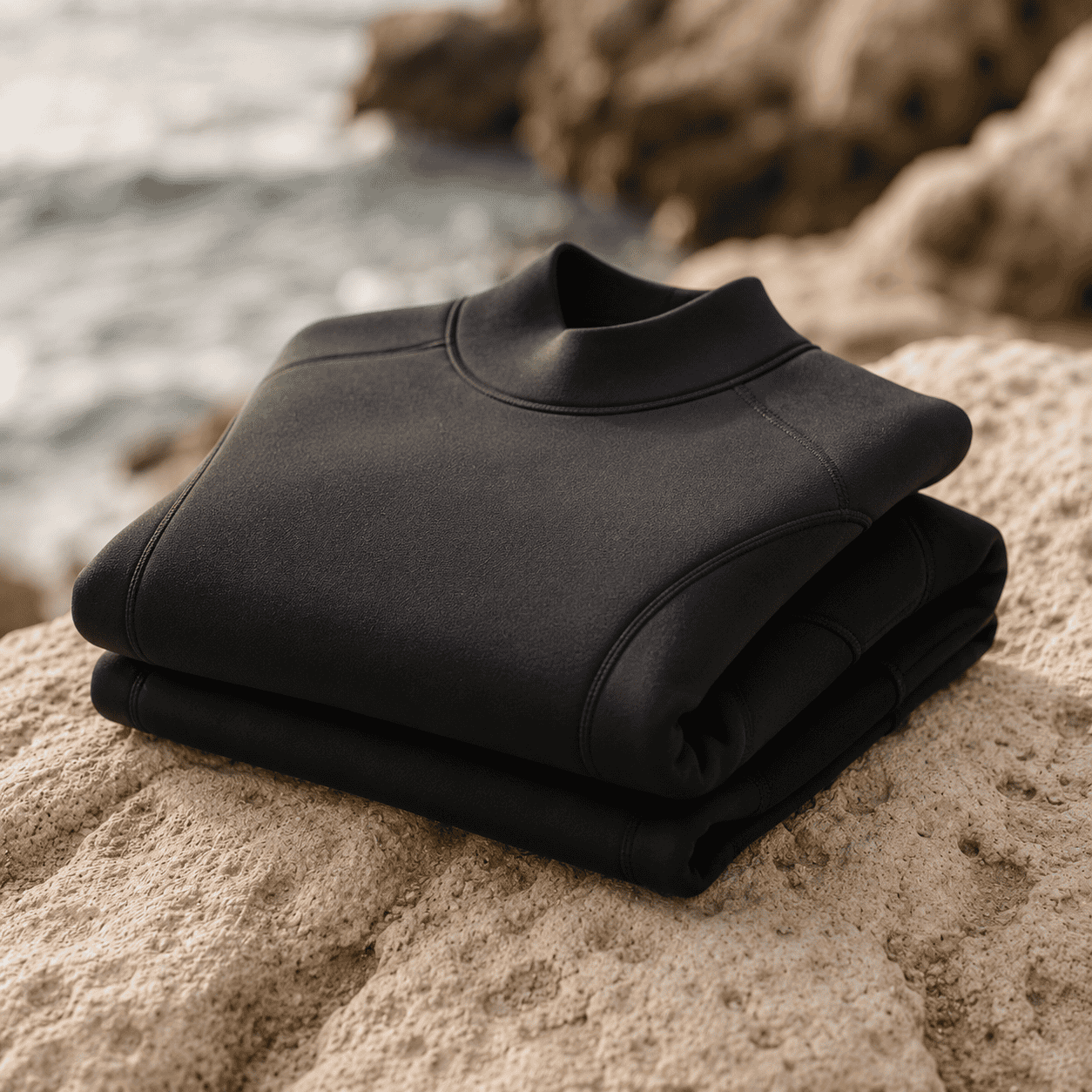 A folded 5mm neoprene wetsuit on a pale stone surface