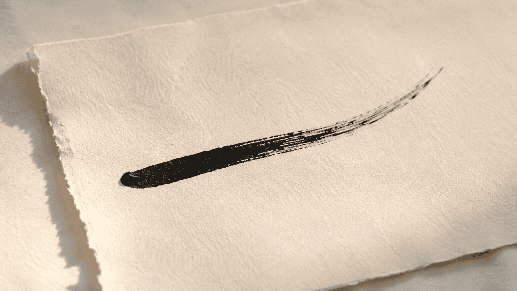 A single confident black sumi ink brushstroke drying on cream washi paper, the brush hair lifting at the end of the line