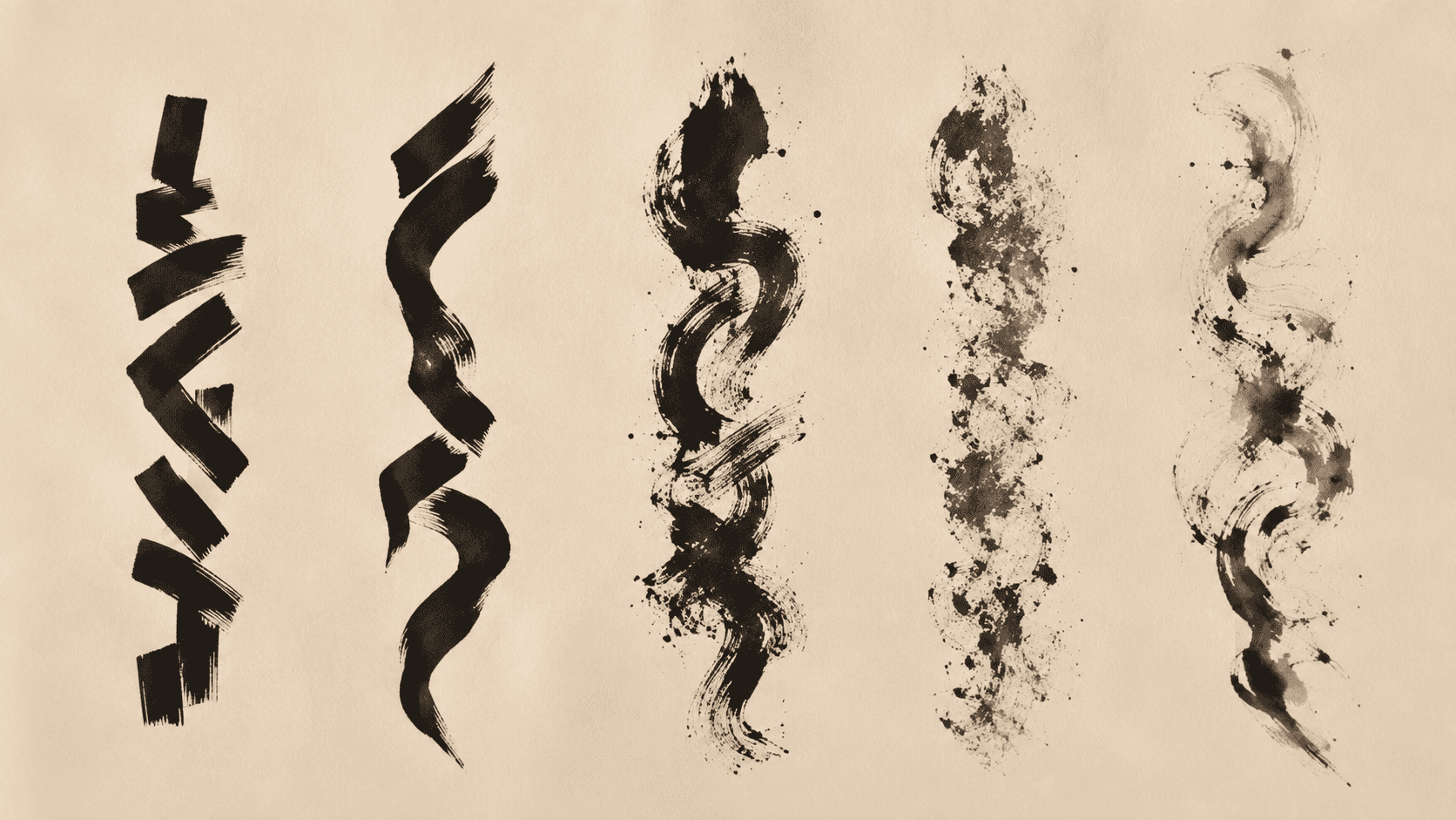 Five vertical bands of abstract black ink brushwork on cream paper, ranging from precise and angular to loose and flowing, suggesting different calligraphic styles