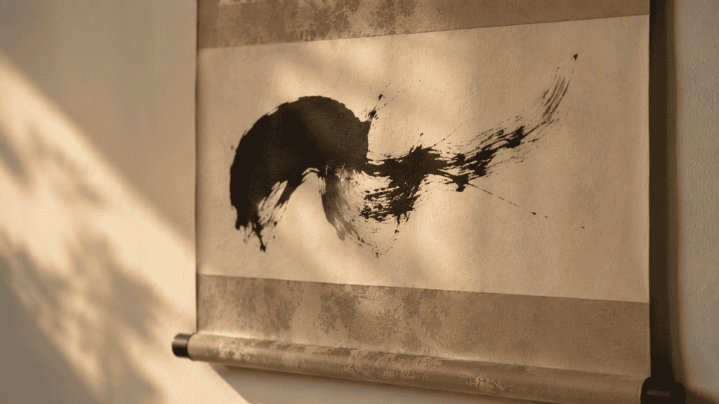 A hanging scroll with one bold sweep of black ink on pale paper, lit by afternoon sun