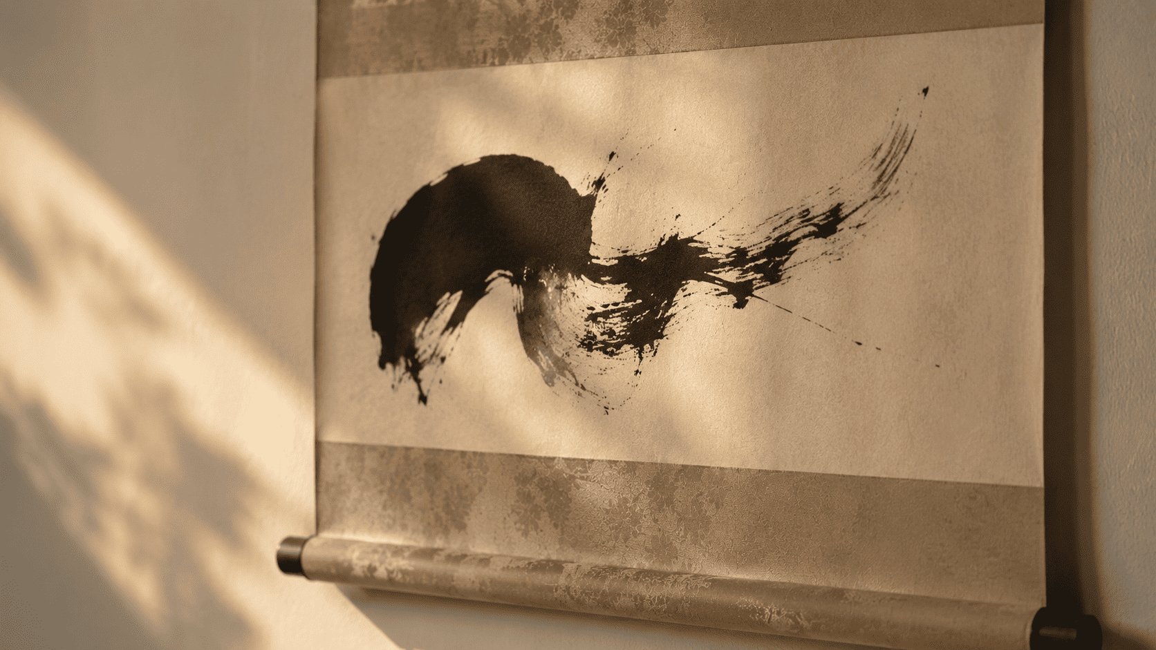 A hanging calligraphy scroll mounted on silk, lit softly from the side, the ink deep black against aged cream paper