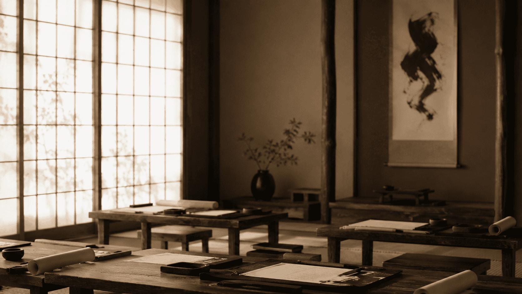 A traditional calligraphy studio with low wooden tables, brushes, and ink stones laid out, soft light through paper screens