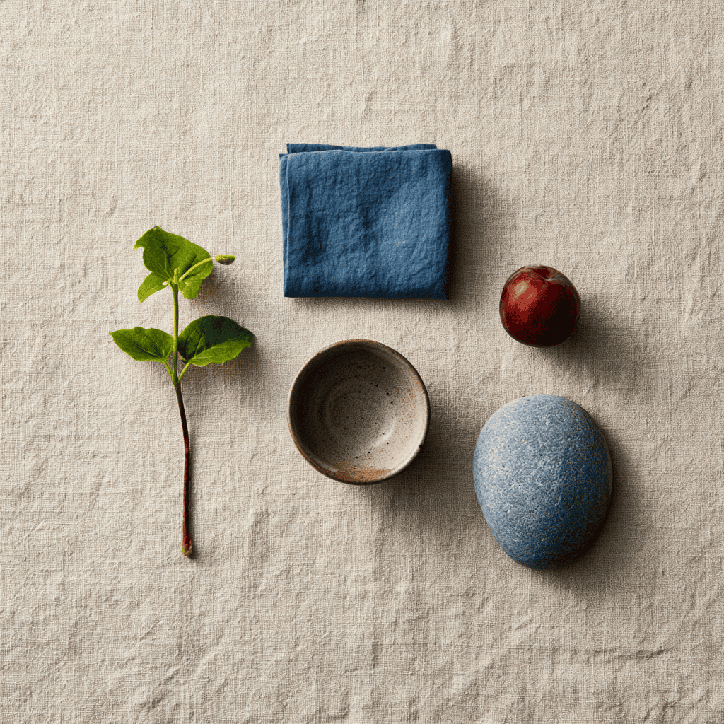 Stones, a leaf, and fabric in a balanced arrangement