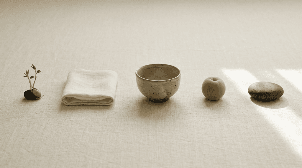 A row of simple objects on linen: a small plant, a folded cloth, a bowl, a peach and a stone