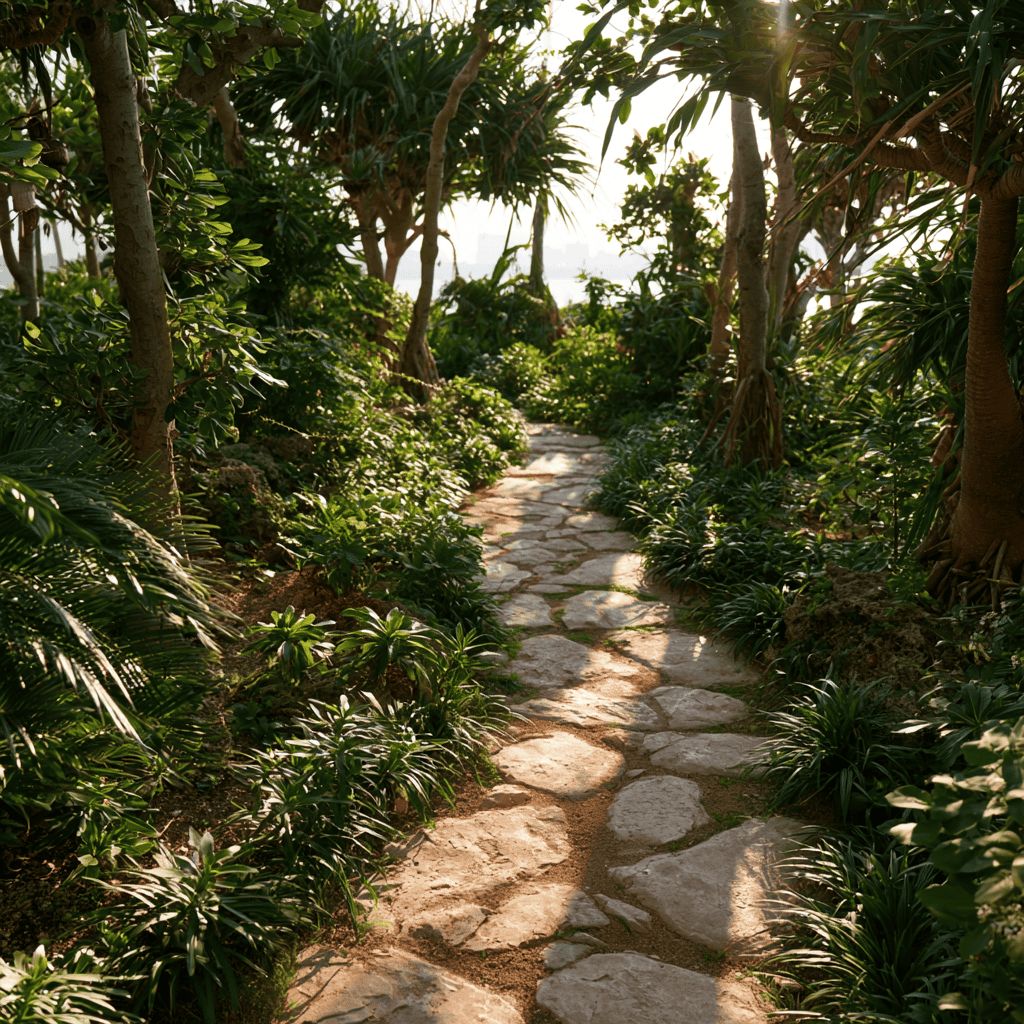 A quiet stone path winding through a lush green garden, walked alone
