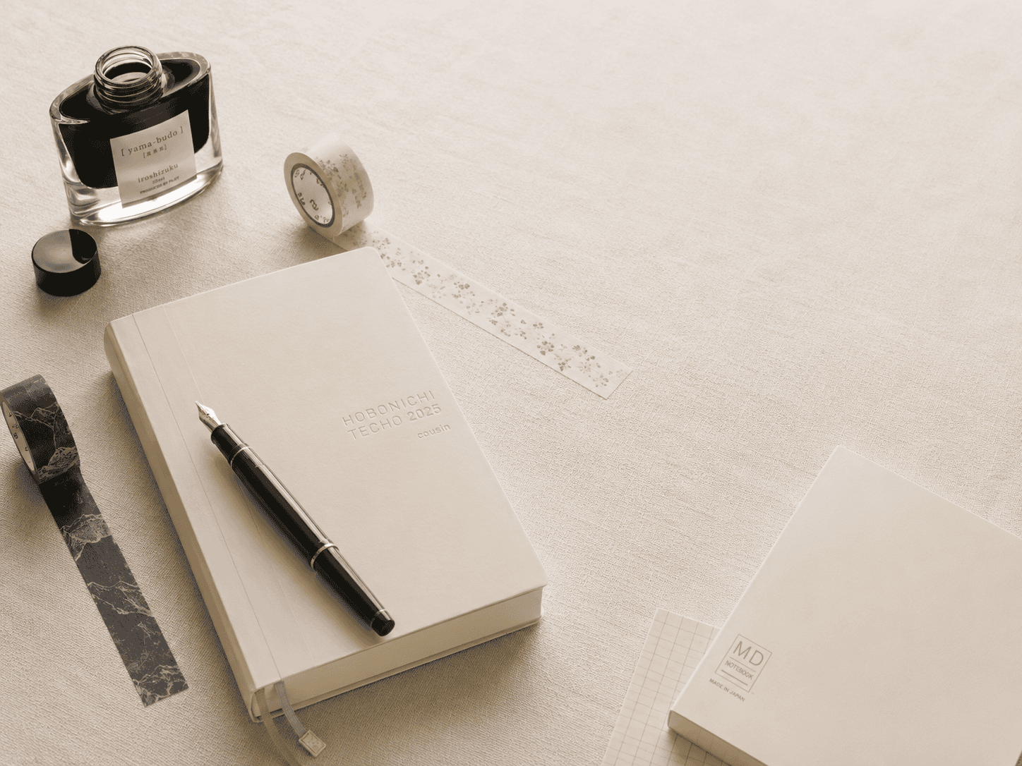 Japanese stationery flat lay — Pilot Iroshizuku, Hobonichi Techo, Midori MD, mt washi tape